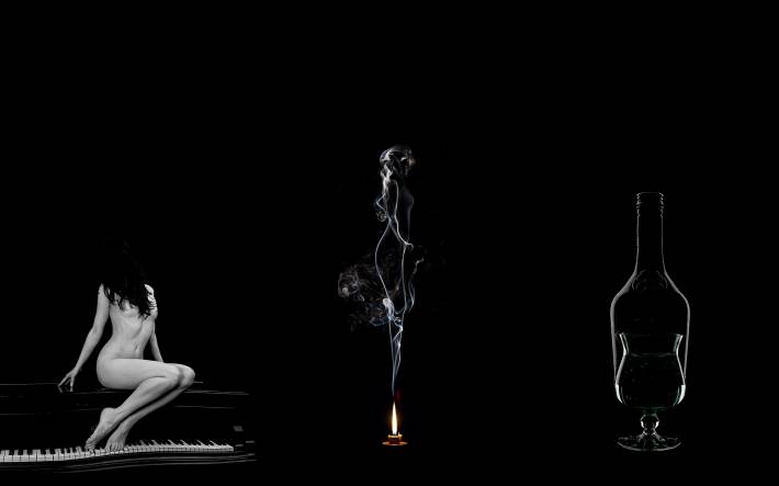 черный, фон, девушка, рояль, свеча