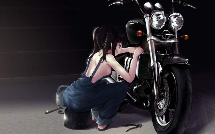 Обои Аниме, девушка моторист, мотоцикл, ремонт, байк на рабочий стол