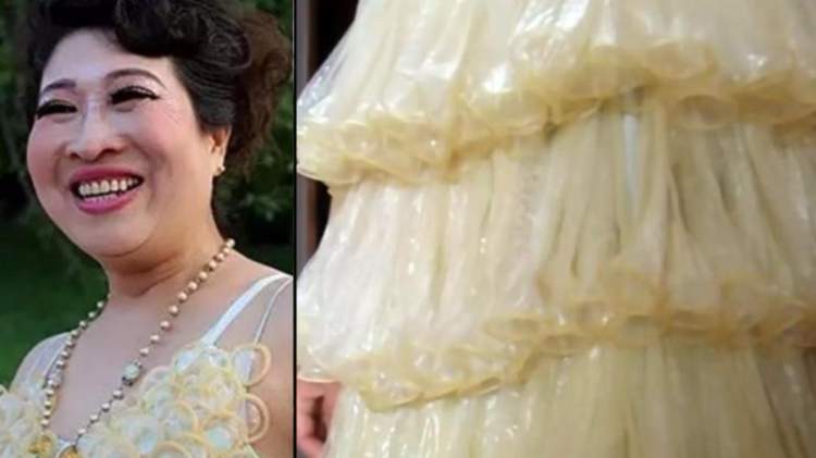 Китайская пенсионерка сшила себе платье из презервативов