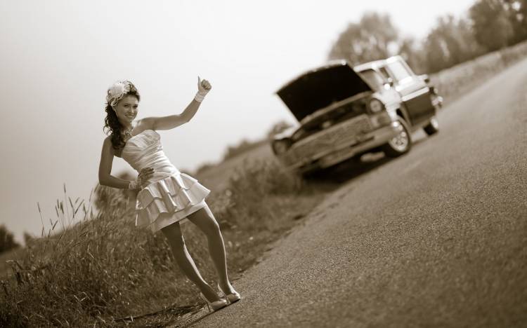 девушка, невеста, позирует, ретро, авто, красивый, автомобиль, дорога, деревья на рабочий стол